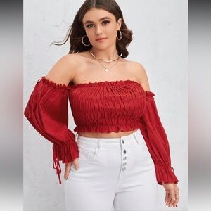 SHEIN Shirred Knot Cuff Off-the-Shoulder Top
